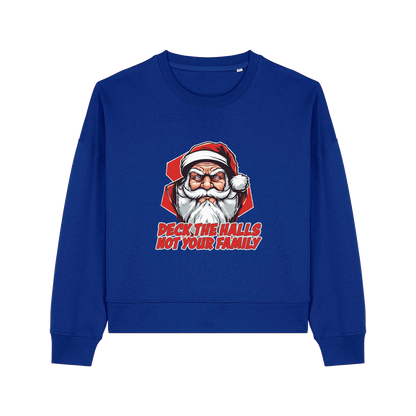 blue xmas sweater with the graphic of santa and the slogan 'deck the halls ot your family'