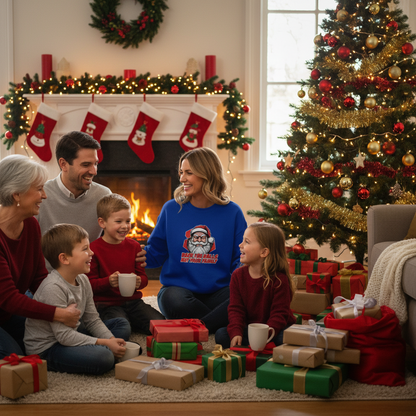Family gathered by a cozy fireplace and decorated Christmas tree, with festive gifts. Warm smiles and holiday joy fill the room's cheerful atmosphere.