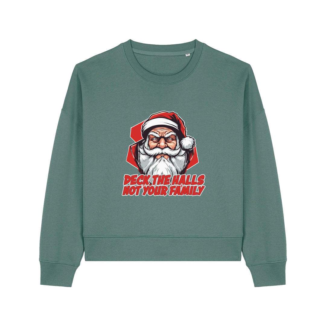 green xmas sweater with the graphic of santa and the slogan 'deck the halls ot your family'