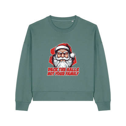 green xmas sweater with the graphic of santa and the slogan 'deck the halls ot your family'