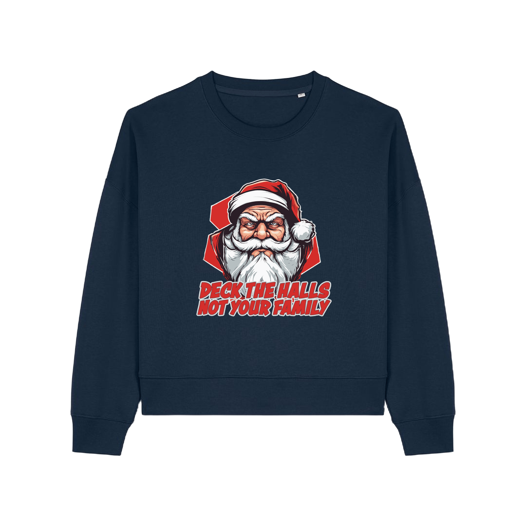 navy xmas sweater with the graphic of santa and the slogan 'deck the halls ot your family'