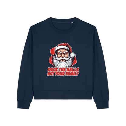 navy xmas sweater with the graphic of santa and the slogan 'deck the halls ot your family'