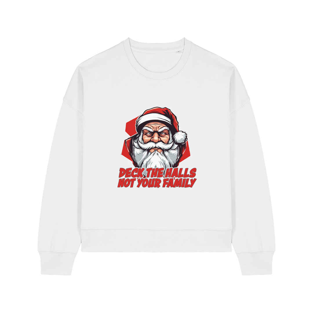 white xmas sweater with the graphic of santa and the slogan 'deck the halls ot your family'