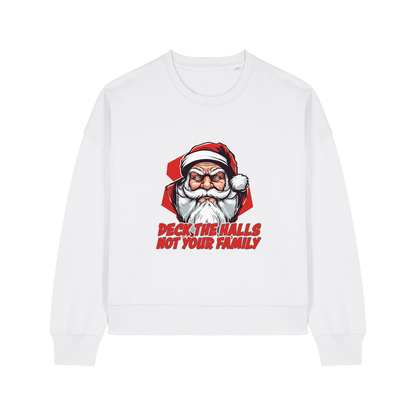 white xmas sweater with the graphic of santa and the slogan 'deck the halls ot your family'