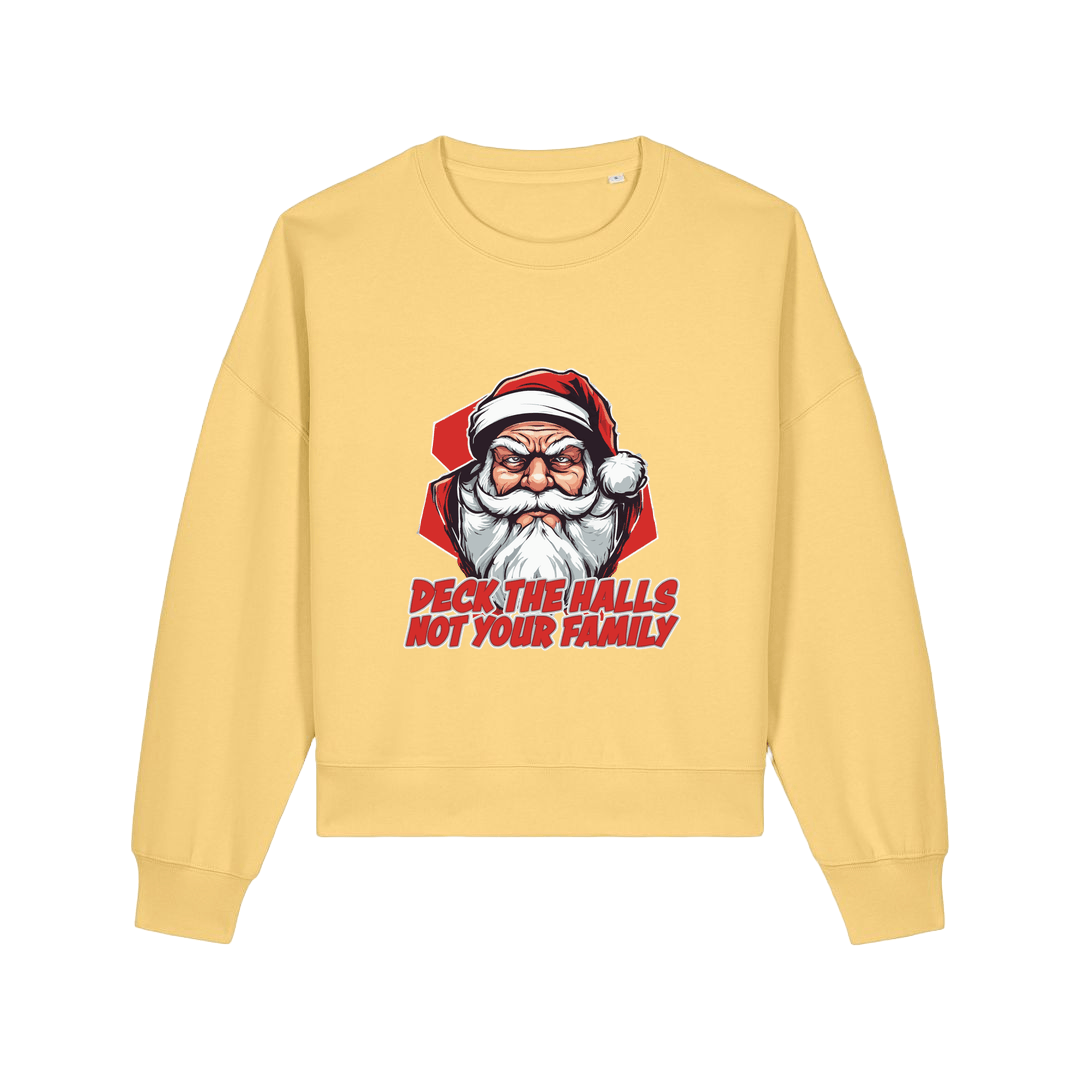 yellow xmas sweater with the graphic of santa and the slogan 'deck the halls ot your family'