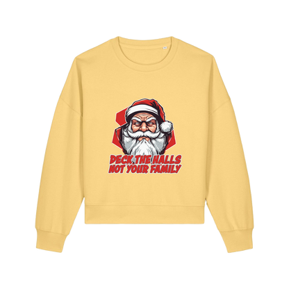 yellow xmas sweater with the graphic of santa and the slogan 'deck the halls ot your family'