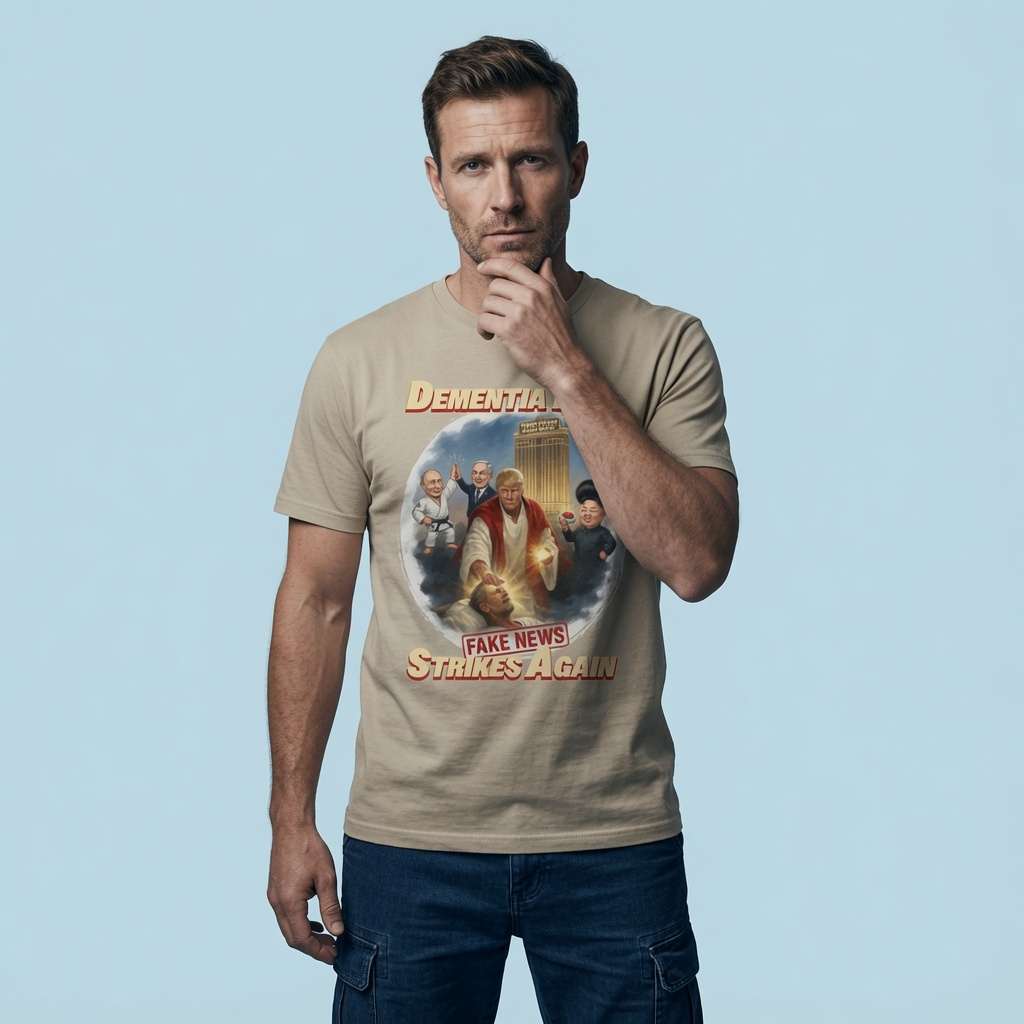 Man in beige Dementia Don tee, hilarious fake news satirical graphic