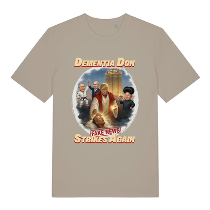 Beige Dementia Don T-shirt flat lay with satirical Trump "Dementia Don Fake News Strikes Again" graphic