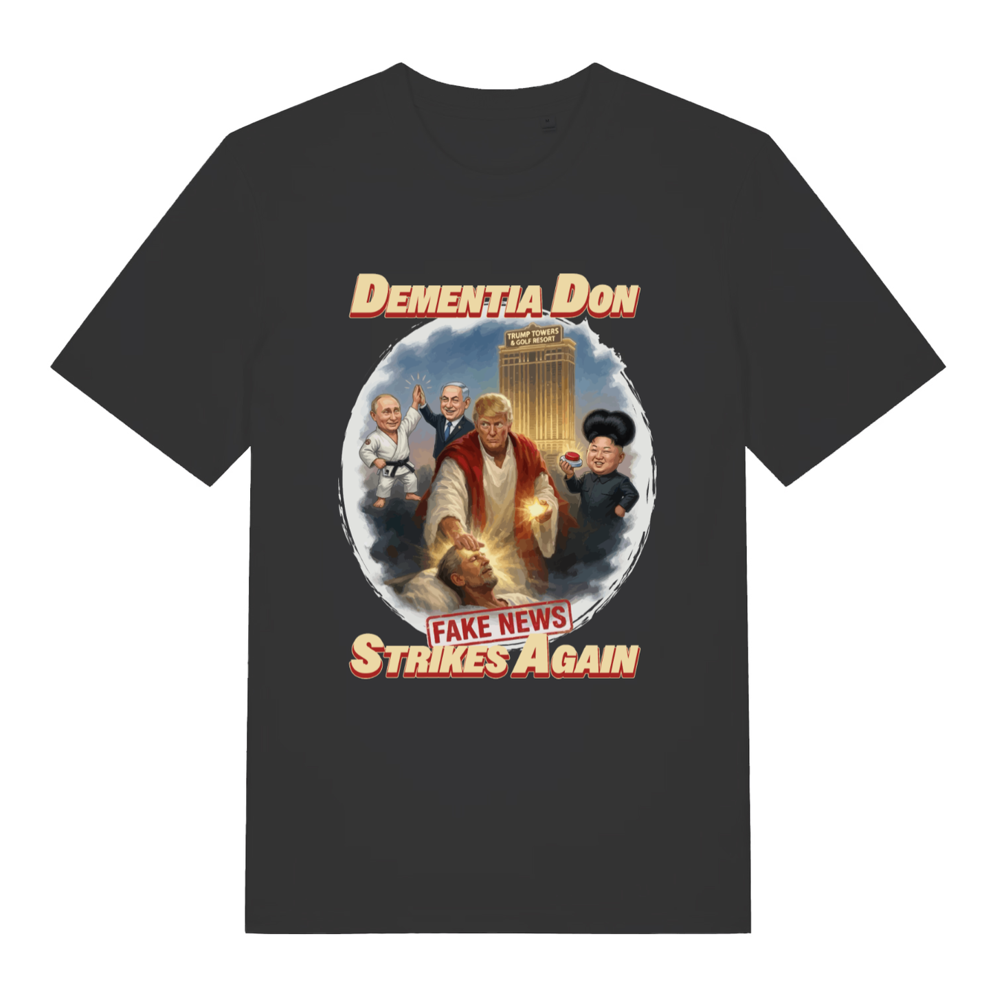 Black Dementia Don T-shirt flat lay featuring funny political cartoon leaders design
