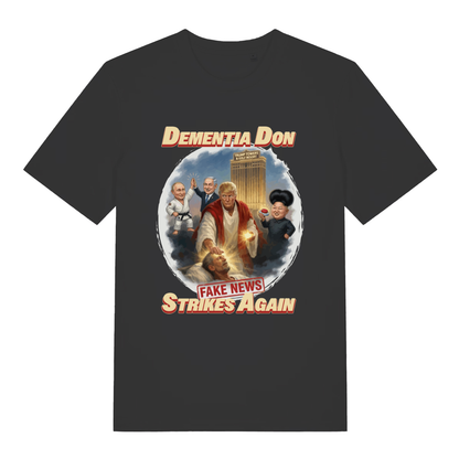 Black Dementia Don T-shirt flat lay featuring funny political cartoon leaders design