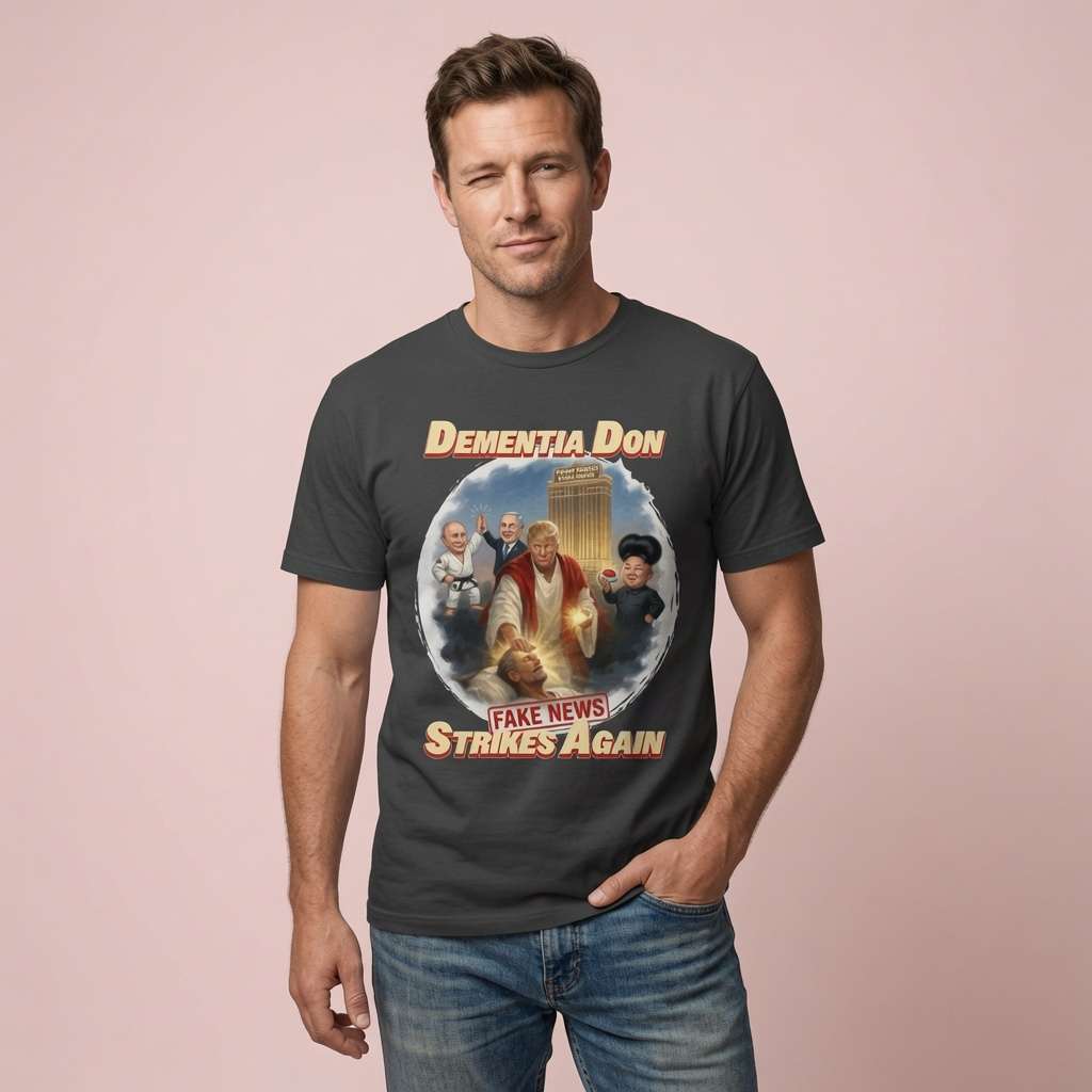 Man in black Dementia Don t-shirt, funny satirical presidential graphic tee