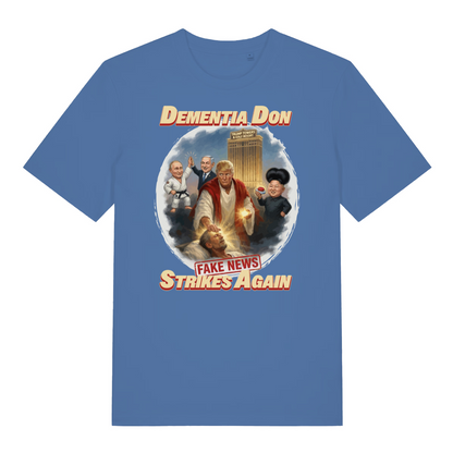 blue funny offensive t-shirt with the graphic of donald trump depicted as a relgious figure with 3 world leaders in the background and the slogan 'dementia don fake news strikes again'