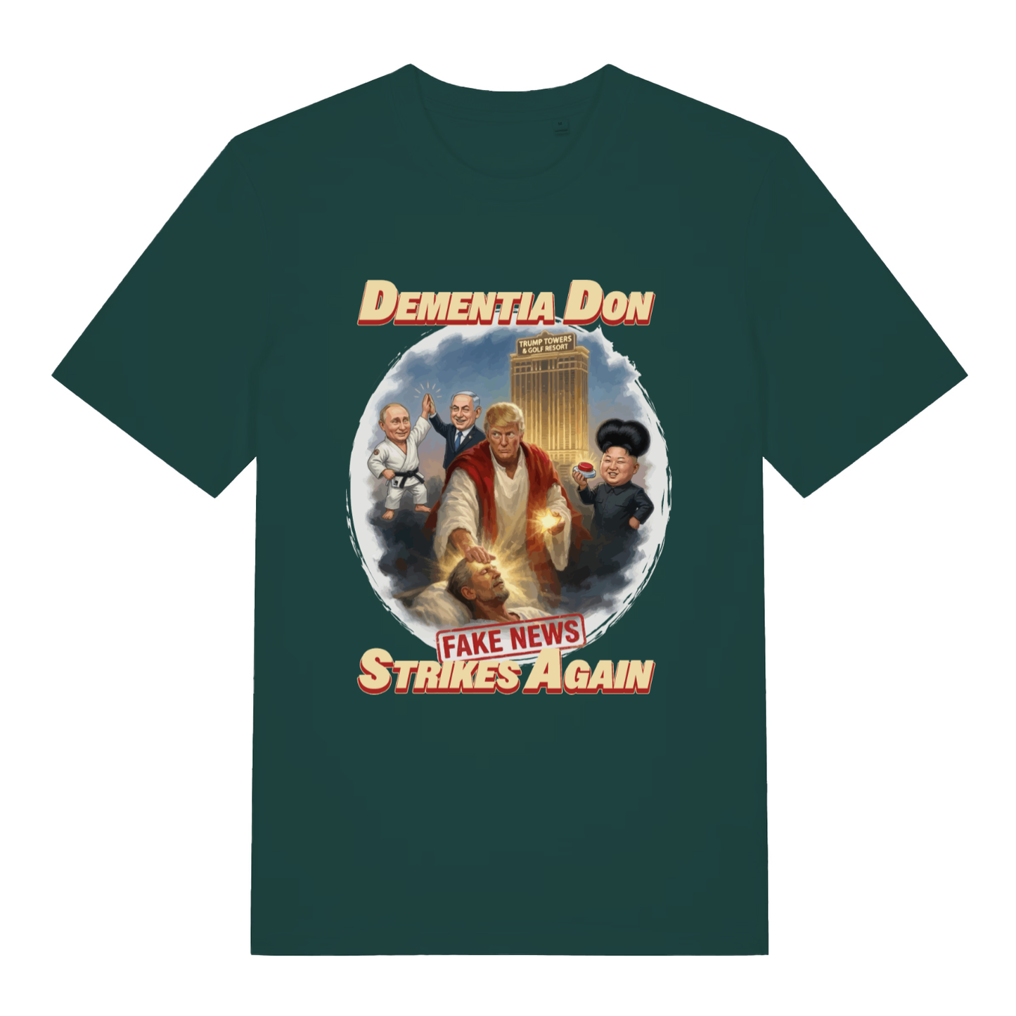 Green Dementia Don T-shirt flat lay with vibrant Trump and world leaders graphic