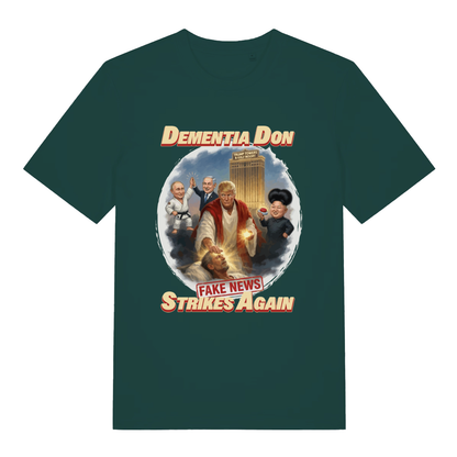 Green Dementia Don T-shirt flat lay with vibrant Trump and world leaders graphic