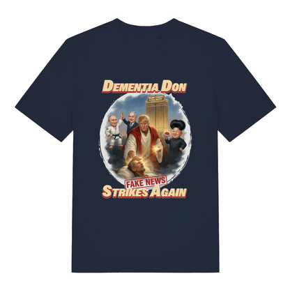 Navy Dementia Don T-shirt flat lay displaying cheeky Dementia Don political banter design