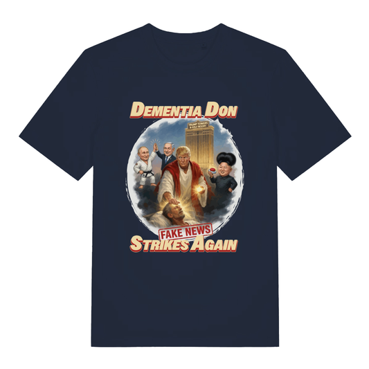Navy Dementia Don T-shirt flat lay displaying cheeky Dementia Don political banter design