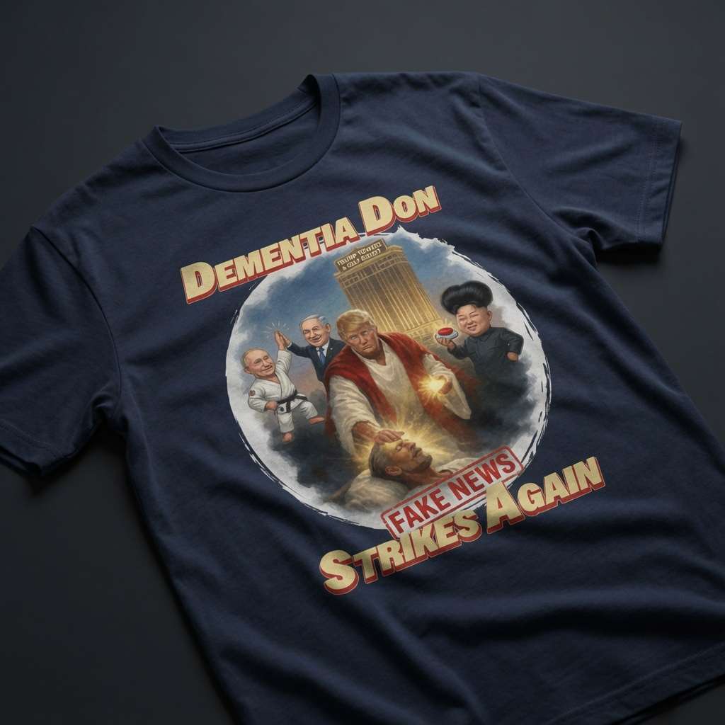 Navy Dementia Don t-shirt with satirical Fake News Strikes Again graphic
