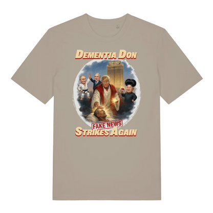 stone funny offensive t-shirt with the graphic of donald trump depicted as a relgious figure with 3 world leaders in the background and the slogan 'dementia don fake news strikes again'