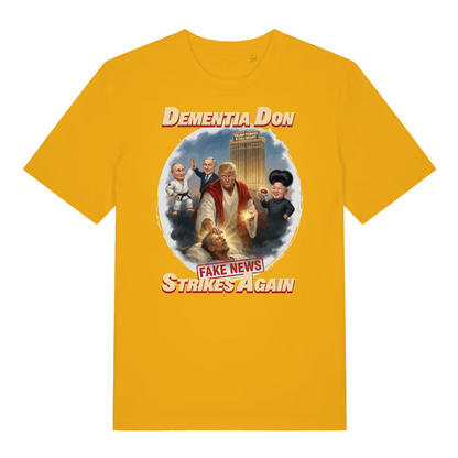 yellow funny offensive t-shirt with the graphic of donald trump depicted as a relgious figure with 3 world leaders in the background and the slogan 'dementia don fake news strikes again'