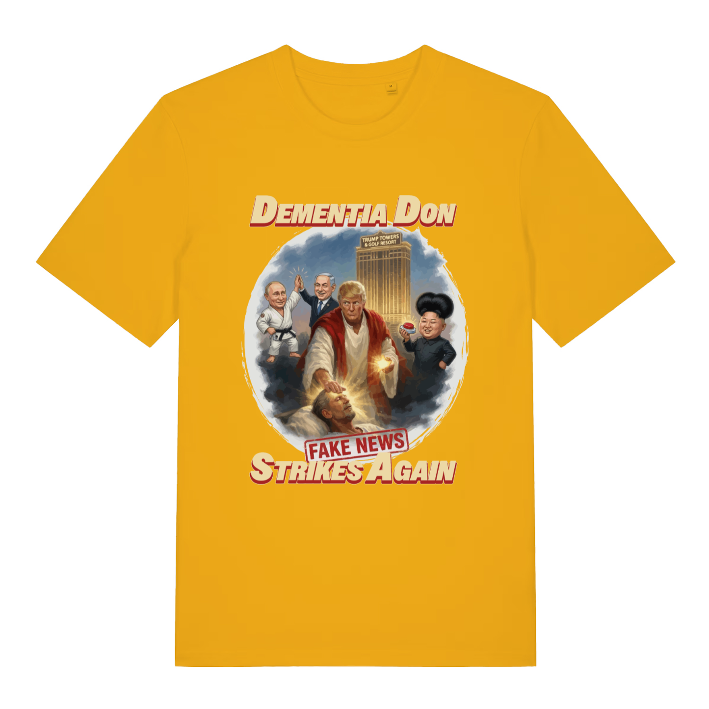 Yellow Dementia Don T-shirt flat lay featuring bright political cartoon Trump scene