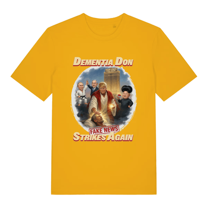 Yellow Dementia Don T-shirt flat lay featuring bright political cartoon Trump scene