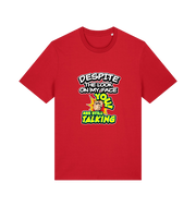 red funny offensive t-shirt with the slogan 'despite the look on my face you are still talking'
