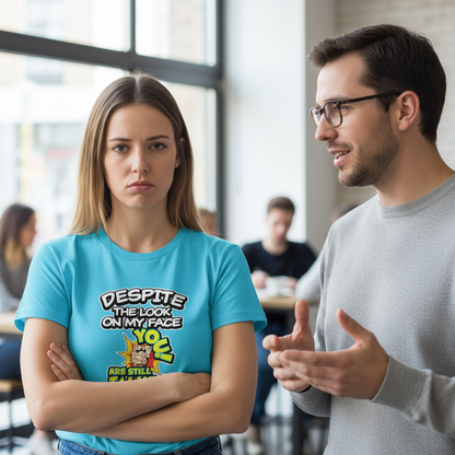 Woman wearing a blue funny slogan t-shirt with a humorous graphic and text, standing next to a man in an indoor setting.