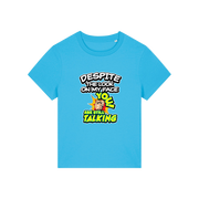 blue funny slogan t-shirt with 'despite the look on my face you are still talking'