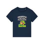 navy funny slogan t-shirt with 'despite the look on my face you are still talking'