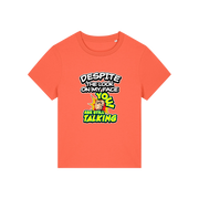 orange funny slogan t-shirt with 'despite the look on my face you are still talking'