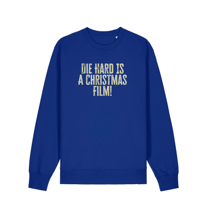 blue christmas jumper with the slogan 'die hard is a christmas film'