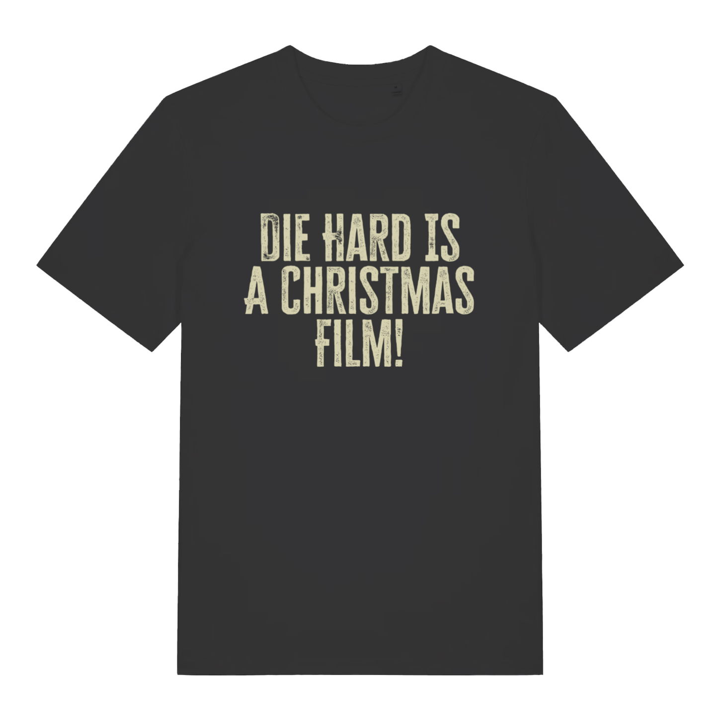 Black Die Hard Is A Christmas Film T-shirt flat lay with bold distressed slogan graphic