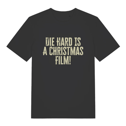 Black Die Hard Is A Christmas Film T-shirt flat lay with bold distressed slogan graphic