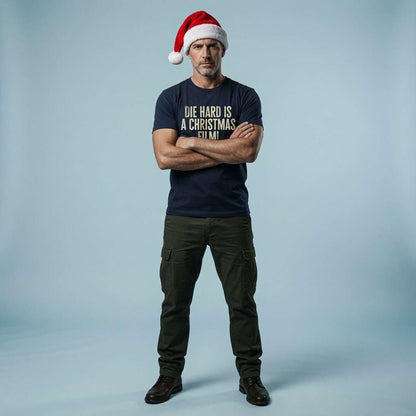 Man in french navy Die Hard Is A Christmas Film t-shirt, Christmas film statement mens tee