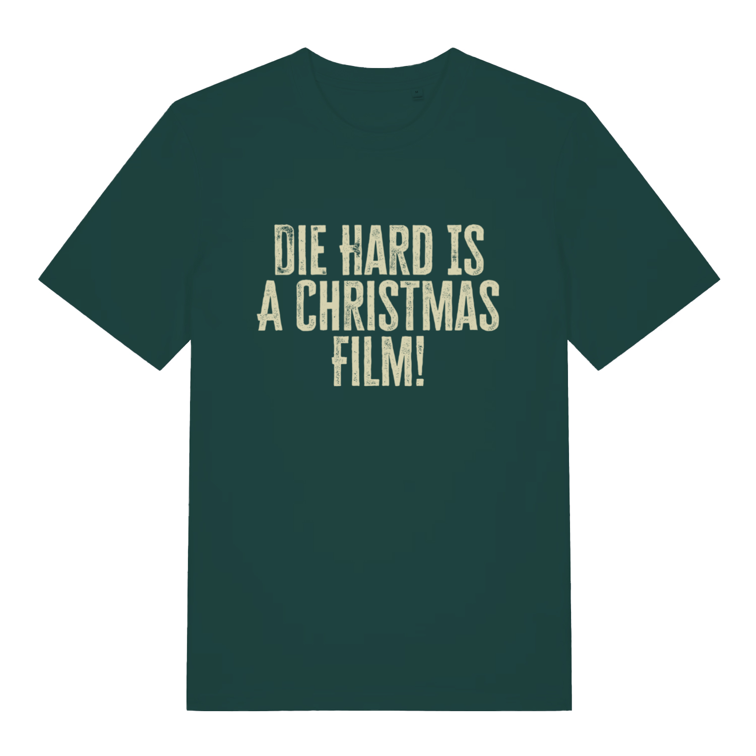 Glazed Green Die Hard Is A Christmas Film T-shirt flat lay showing classic Christmas debate slogan