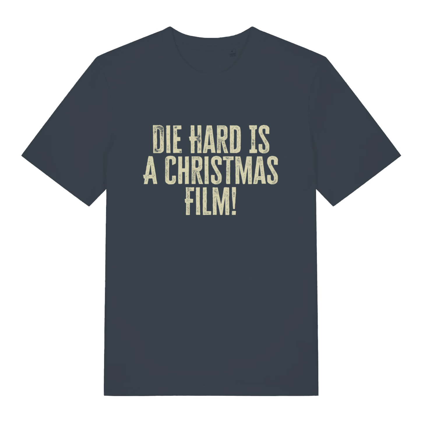 India Ink Grey Die Hard Is A Christmas Film T-shirt flat lay with distressed "Die Hard Is A Christmas Film" design