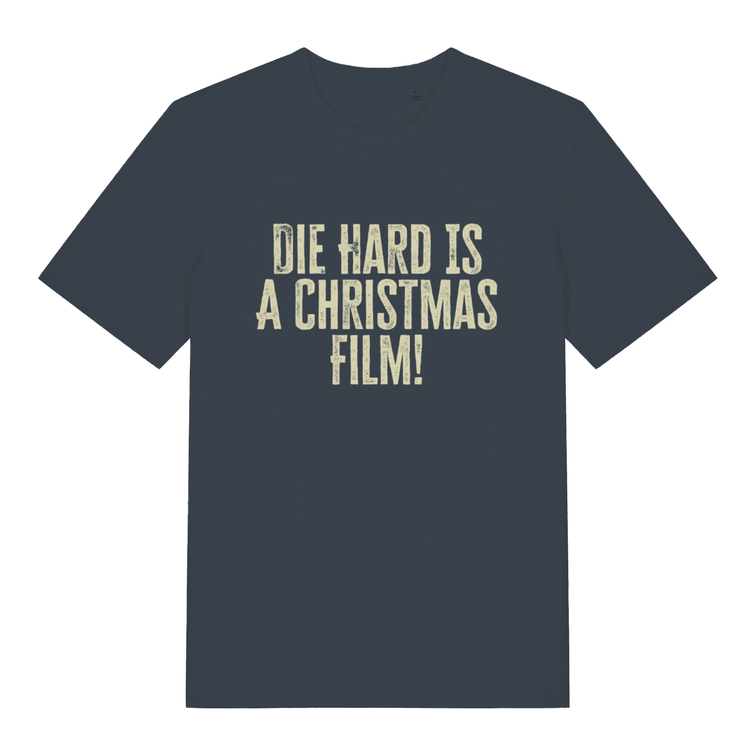India Ink Grey Die Hard Is A Christmas Film T-shirt flat lay with distressed "Die Hard Is A Christmas Film" design