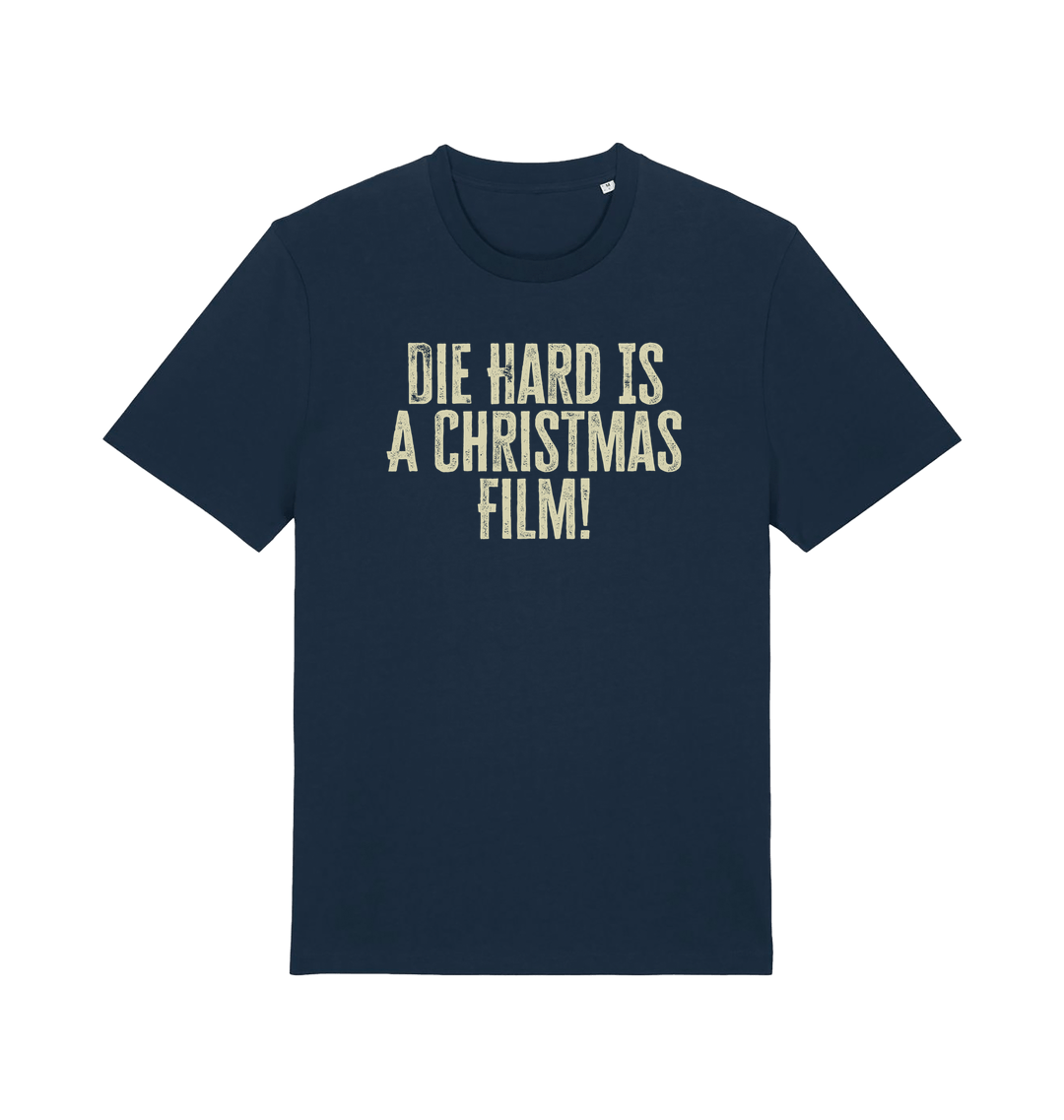 navy christmas t-shirt with the slogan 'die hard is a christmas film'