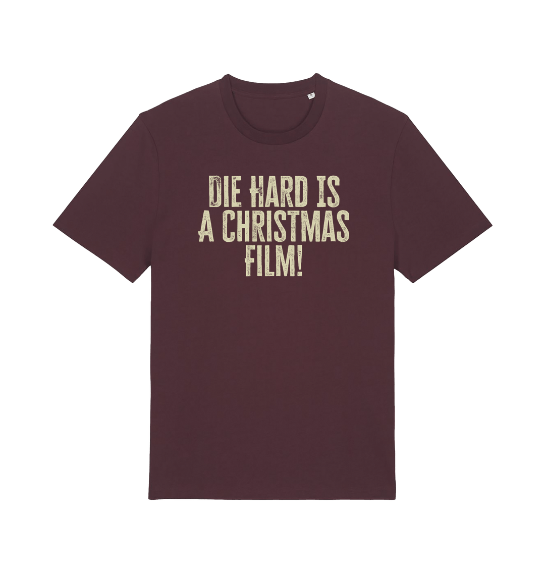 red brown christmas t-shirt with the slogan 'die hard is a christmas film'