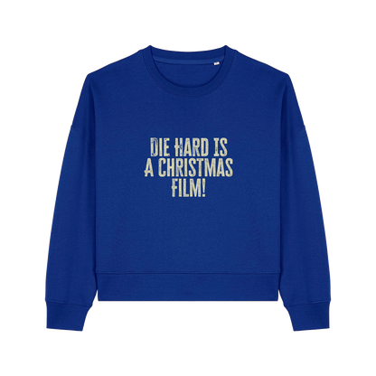 royal blue christmas jumper with the slogan 'die hard is a christmas film'