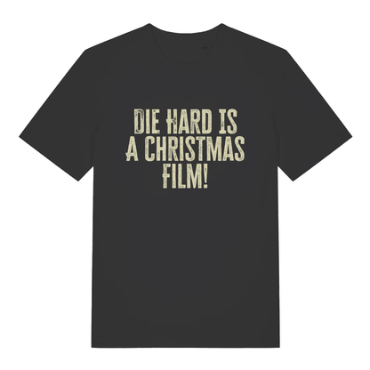 Black women's Die Hard Is A Christmas Film T-shirt flat lay with bold distressed slogan graphic