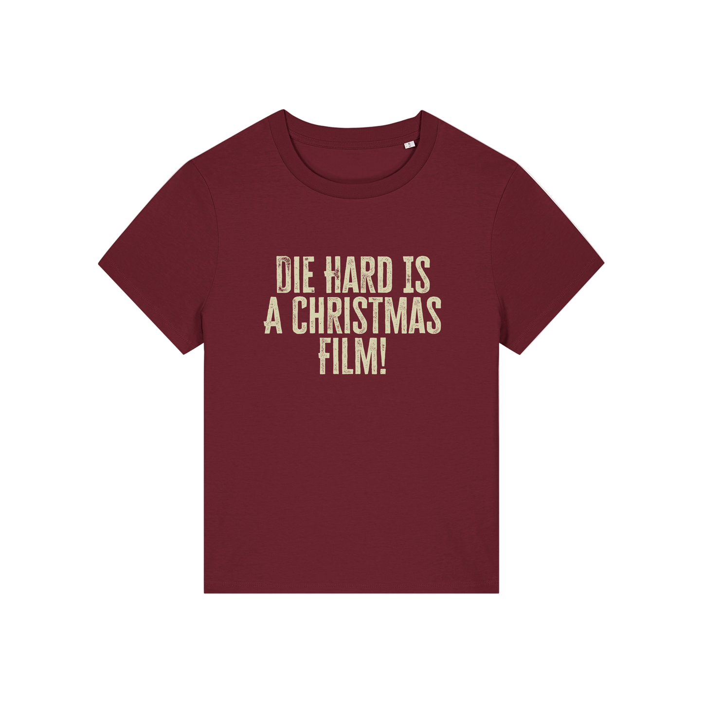 burgundy christmas t-shirt with the slogan 'die hard is a christmas film'