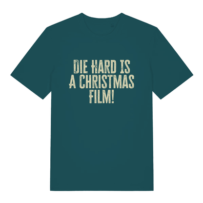 Stargazer women's Die Hard Is A Christmas Film T-shirt flat lay showing classic Christmas debate slogan