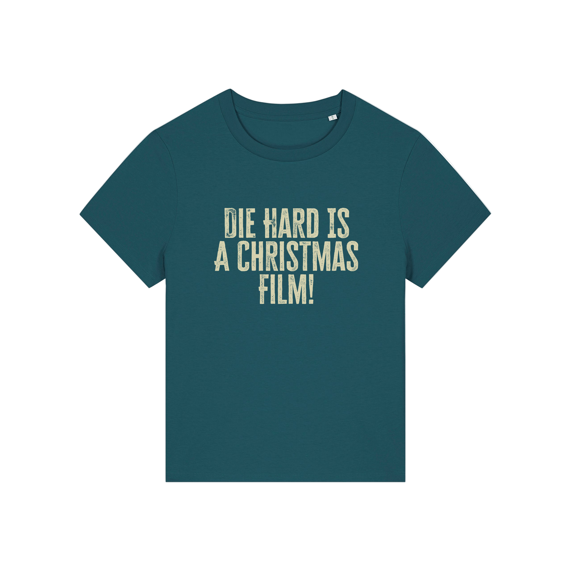 teal christmas t-shirt with the slogan 'die hard is a christmas film'