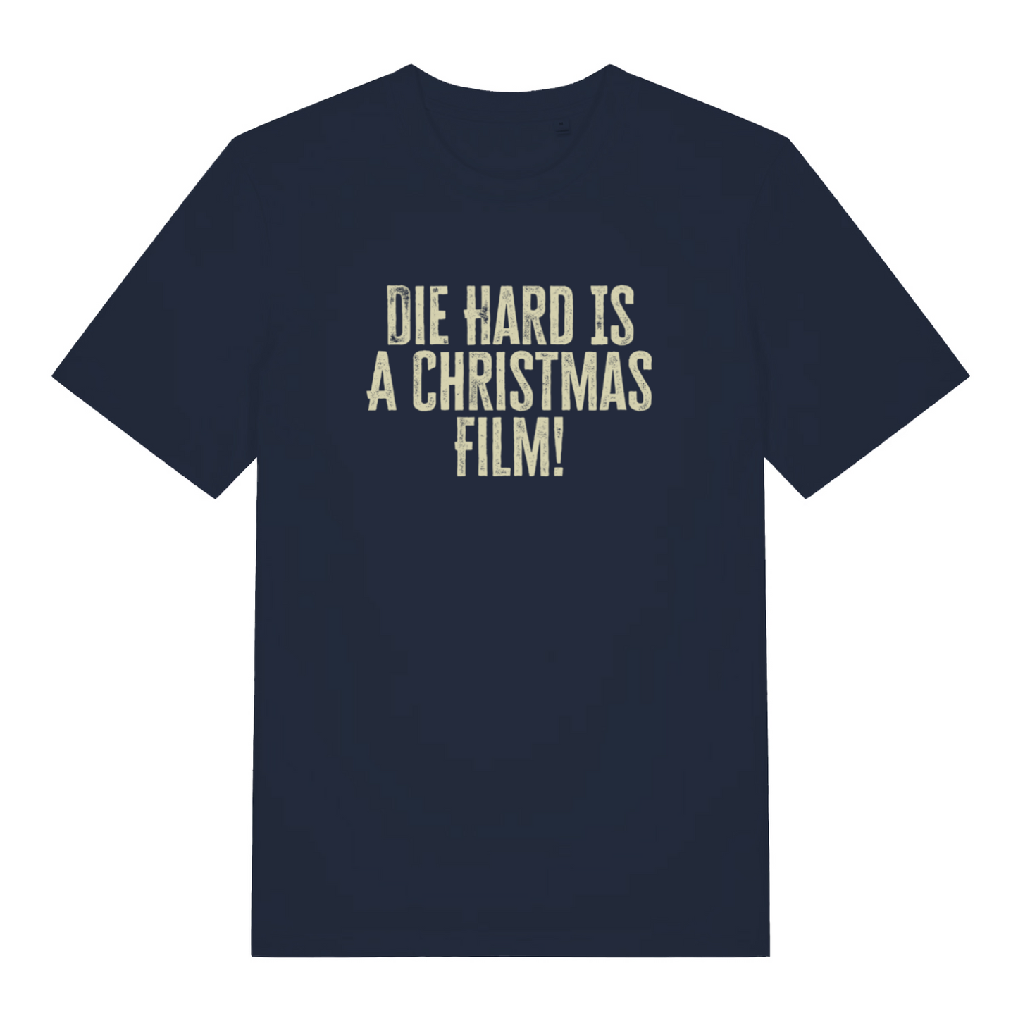 navy christmas t-shirt with the slogan 'die hard is a christmas film'