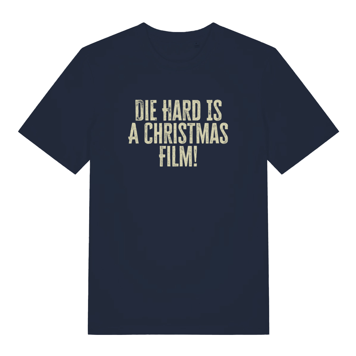 navy christmas t-shirt with the slogan 'die hard is a christmas film'