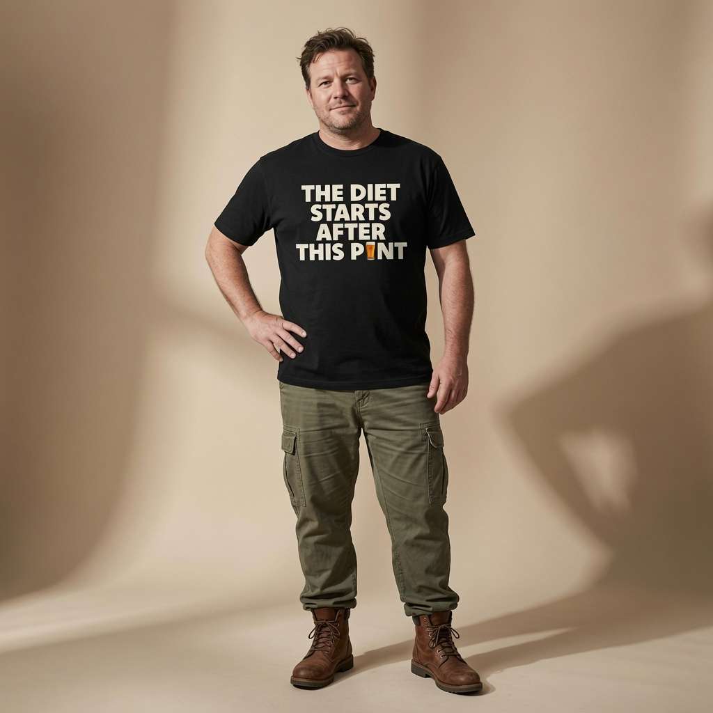 Man in black The Diet Starts After This Pint tee, funny beer banter pub slogan gift