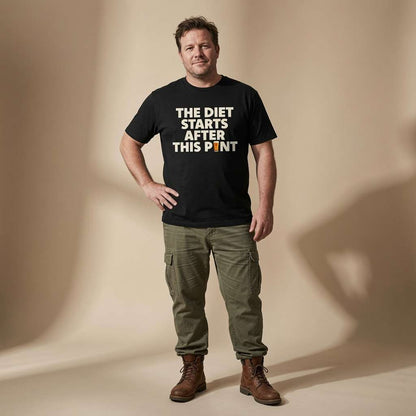 Man in black The Diet Starts After This Pint tee, funny beer banter pub slogan gift