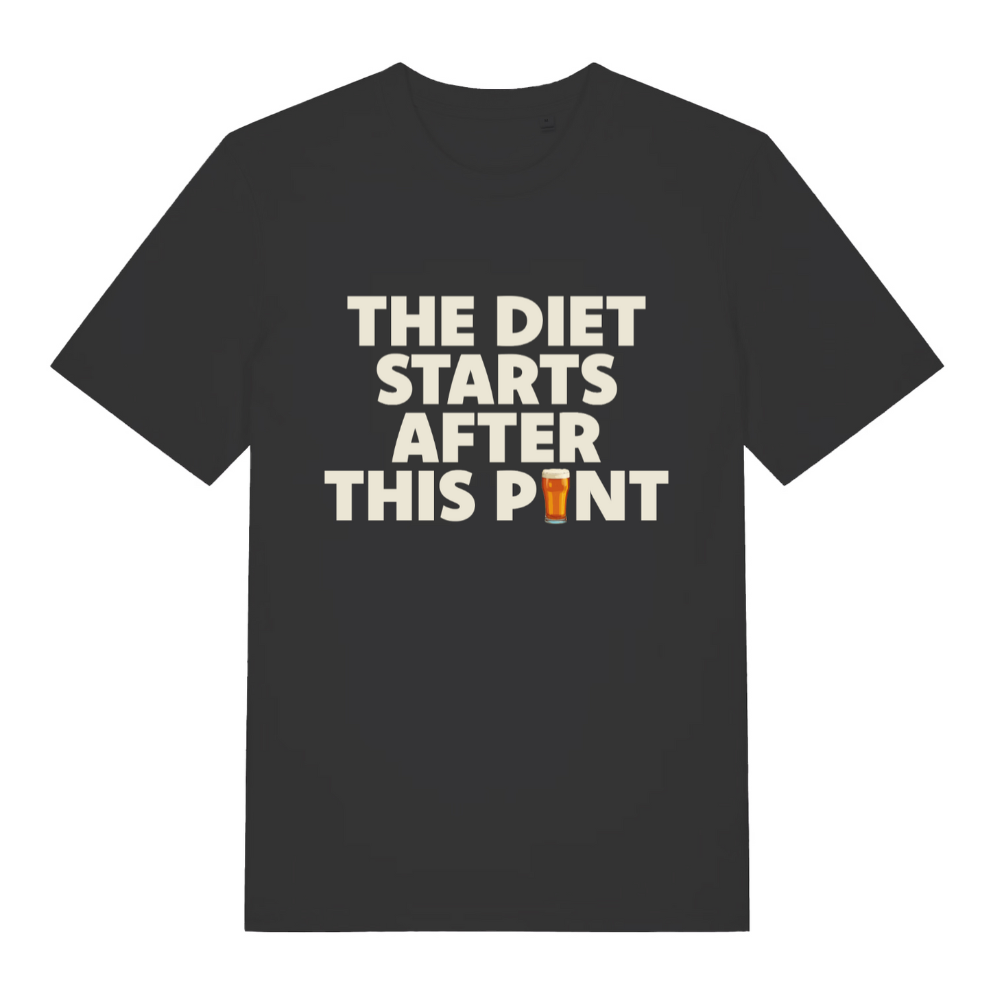 black funny slogan t-shirt with the text 'the diet starts after this pint'