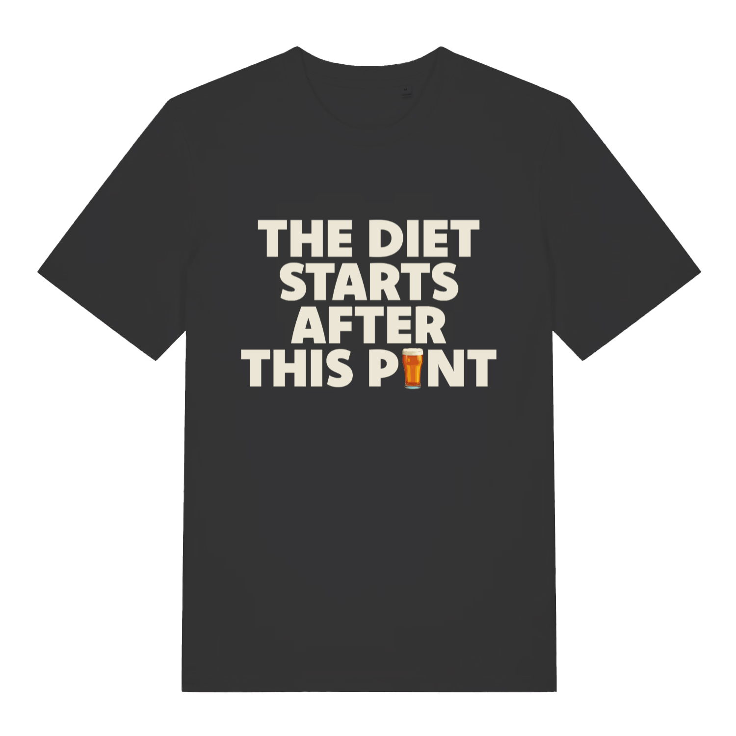 black funny slogan t-shirt with the text 'the diet starts after this pint'